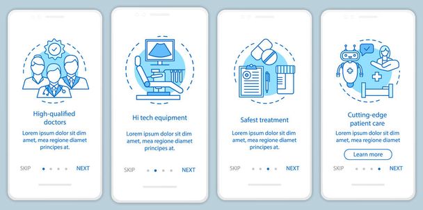 Medical service benefits onboarding mobile app page screen vector template. High quality health care. Walkthrough website steps with linear illustrations. UX, UI, GUI smartphone interface concept - Vektör, Görsel