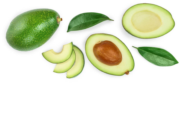 avocado and slices isolated on white background with copy space for your text. Top view. Flat lay - Photo, Image