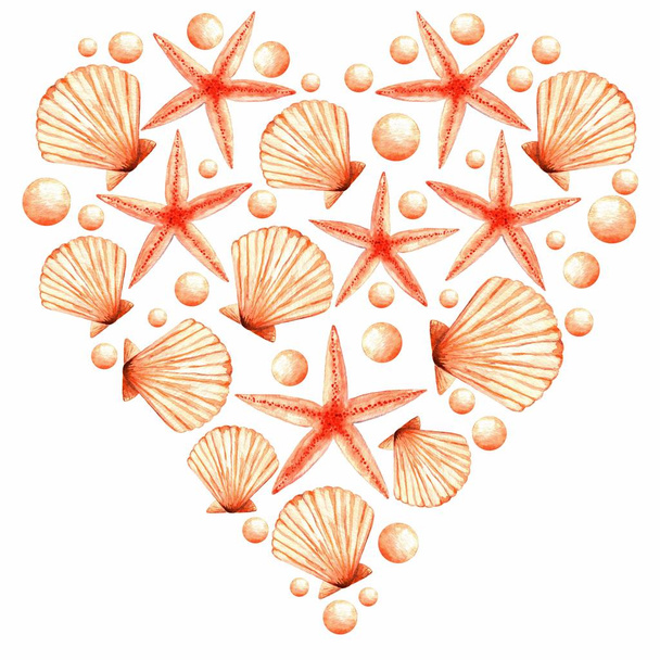 The big watercolor heart from beautiful starfishes, shells, and pearls on a white background. Waiting for summer. Illustration. Isolated. - Photo, Image