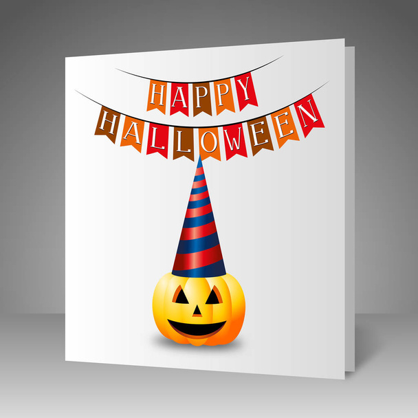 Feliz tarjeta de Halloween - calabaza con sombrero de fiesta
 - Foto, imagen