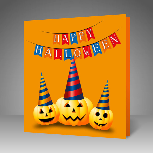 Feliz tarjeta de Halloween - calabazas con sombreros de fiesta
 - Foto, imagen