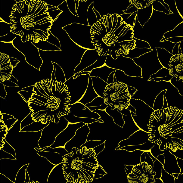 Floral seamless pattern with contour hand drawn flowers Daffodil - Vektori, kuva