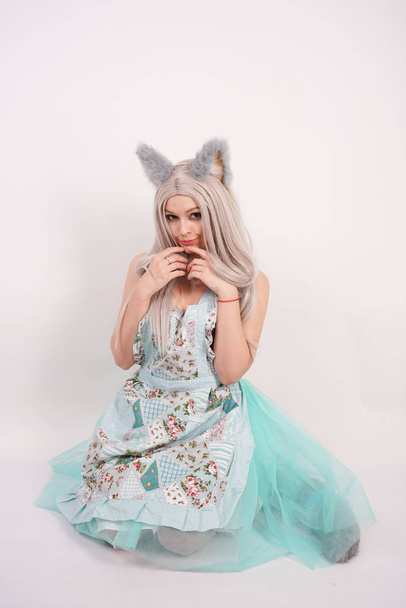 funny girl with fluffy fur cat ears stands in a kitchen apron on her knees and serves as a kitty in a role-playing sexy game on a white background in the Studio - Photo, Image