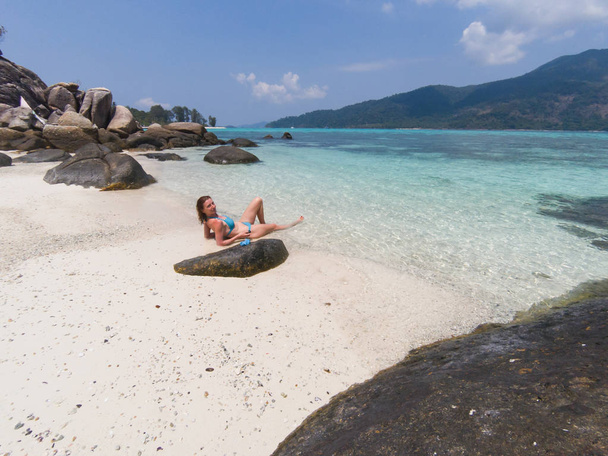 woman on an isolated beach in Andaman sea, Koh Lipe - solo trave - Photo, Image