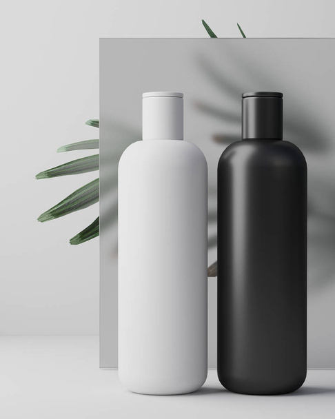 White design of natural cosmetic cream , serum, skincare blank bottle packaging with leaves herb, bio organic product. beauty and spa concept. 3d illustartion. Herbal dermatology cosmetic hygienic - 写真・画像