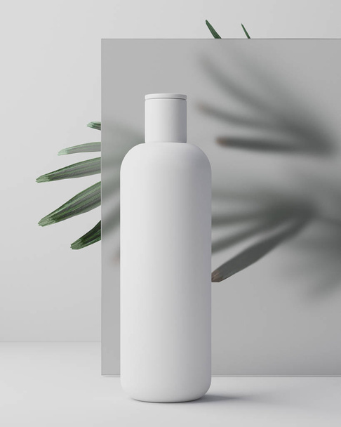 White design of natural cosmetic cream , serum, skincare blank bottle packaging with leaves herb, bio organic product. beauty and spa concept. 3d illustartion. Herbal dermatology cosmetic hygienic - Φωτογραφία, εικόνα