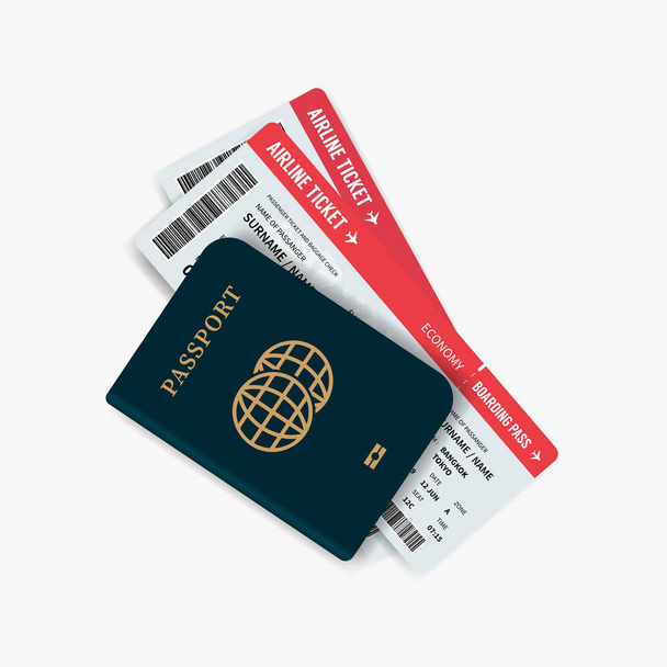 Αεροπορικά εισιτήρια και διαβατήριο. Διαβατήριο με επιβίβαση περνά εισιτήρια για τα ταξίδια με αεροπλάνο. - Διάνυσμα, εικόνα