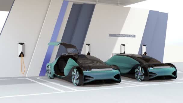 Twee elektrische auto's parkeren in het laadstation. 3D rendering animatie. - Video