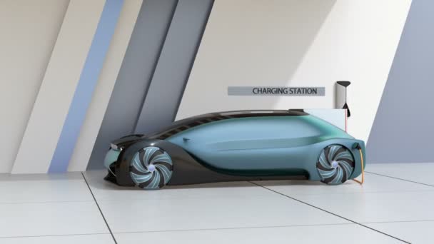 Laden von Elektroautos an einer Ladestation. 3D-Rendering-Animation. - Filmmaterial, Video
