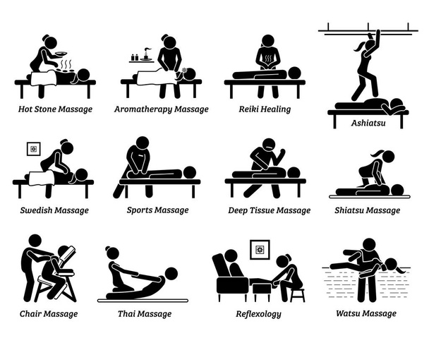 Type of massages and therapies. Artworks depict hot stone massage, aromatherapy, Reiki healing, ashiatsu, Swedish, sport massage, deep tissue, Shiatsu, chair, Thai massage,foot reflexology, and Watsu. - Vector, Image