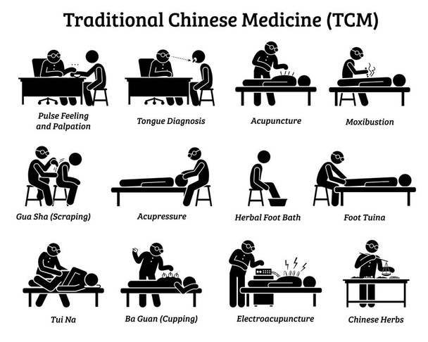 TCM Traditional Chinese Medicine icons and pictograms. Artworks depict a TCM doctor practitioner examining patient, feeling pulse, doing acupuncture, moxibustion, massage, and preparing Chinese herbs. - Vector, Image