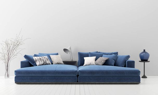Modern nappali belső kék kanapé, fali ál fel 3d render - Fotó, kép