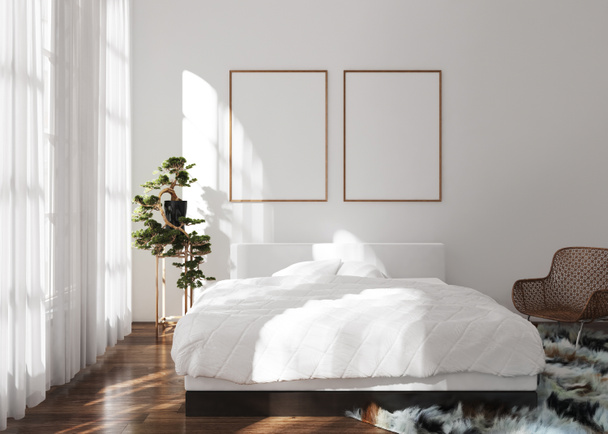 Poster-Attrappe im modernen Schlafzimmer, skandinavischer Stil, 3D-Render - Foto, Bild