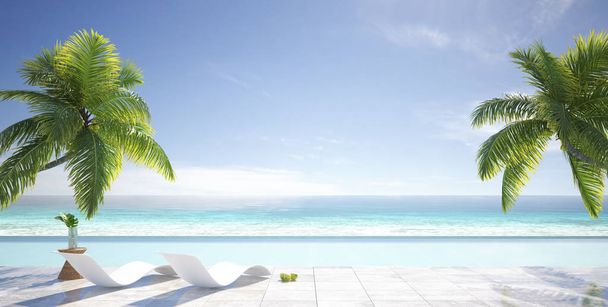 Tropikalnych lato, salon plaży z palmami, basen pływacki, luksusowa willa, koncepcja lato, 3d render - Zdjęcie, obraz