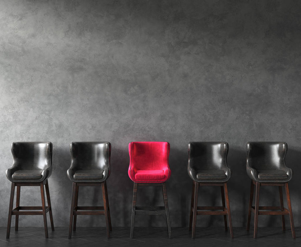 Row of chairs with outstanding pink one. Job opportunity. 3D render - Photo, Image