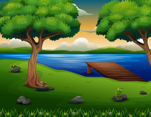 自然湖の背景に木製の桟橋シーン - ベクター画像