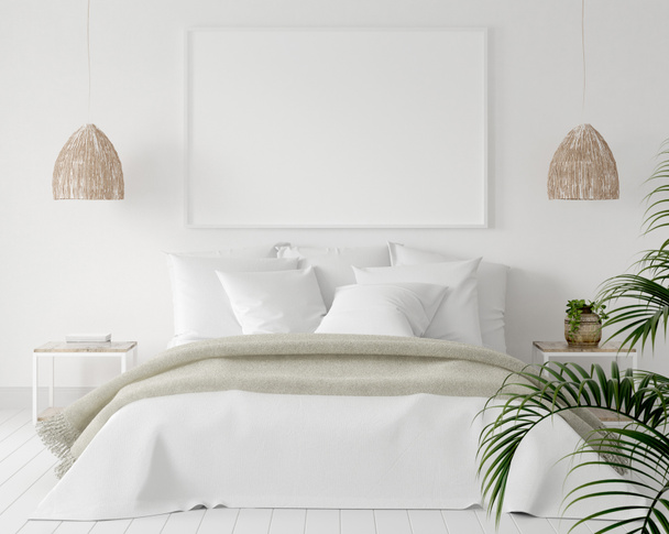 Рама постера в спальні, скандинавський стиль, 3d рендеринг - Фото, зображення