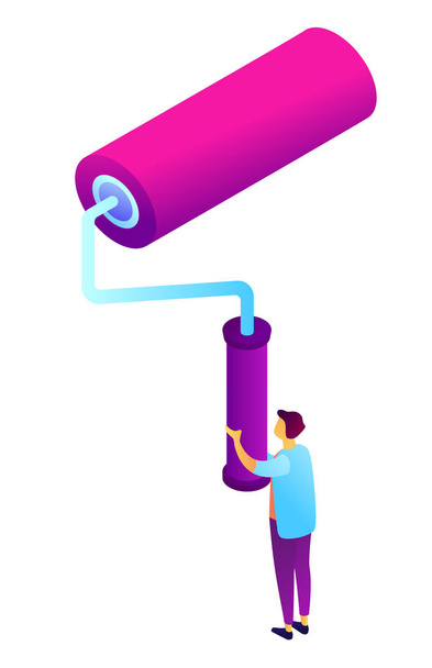 Worker holding huge paint roller isometric 3D illustration. - Vector, Image