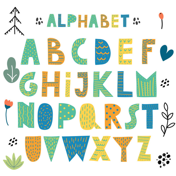 Cute scandinavian alphabet, handdrawn letters for ypur design. Design for  cards, posters, cards, t-shirts, book, textile. - Vetor, Imagem