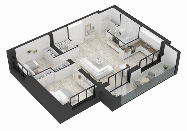 Plano de chão de uma casa vista superior ilustração 3D. Conceito aberto layout de apartamento vivo
 - Foto, Imagem