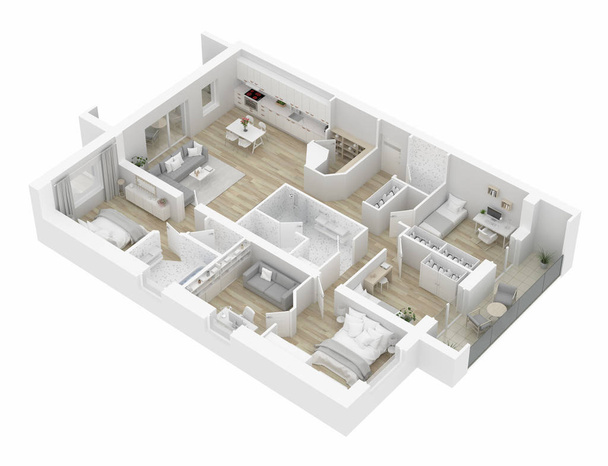 Plano de planta 3D de una casa, ilustración 3D. Diseño de apartamento de concepto abierto
 - Foto, Imagen