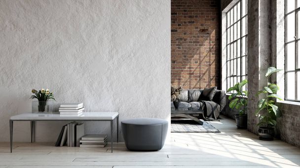 Obývací pokoj podkroví v průmyslovém stylu, 3d vykreslení - Fotografie, Obrázek