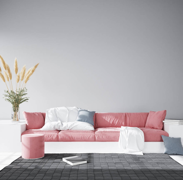 Living room interior wall mock up with velvet pink sofa and pillows, 3d render - Foto, Bild