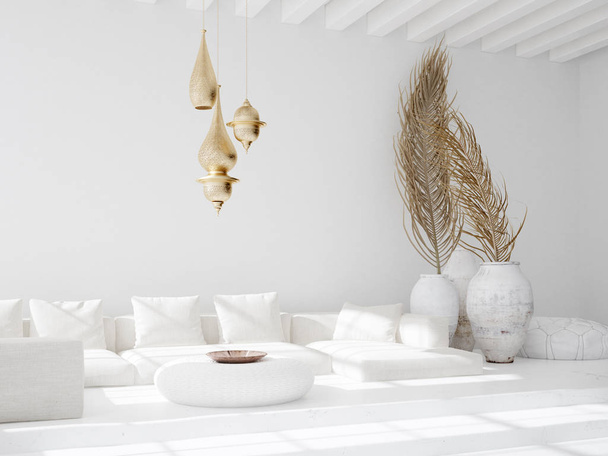 Lichte en ruime woonkamer Boheemse, Scandiboho stijl, 3d render - Foto, afbeelding