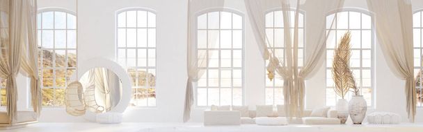 Open slaapkamer met woonkamer, Scandinavische bohemien stijl, 3d render - Foto, afbeelding