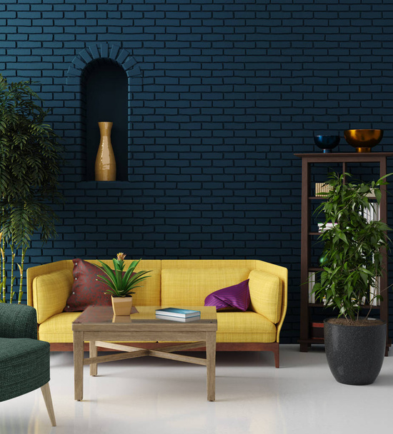 Πολύχρωμο hipster σαλόνι με τοίχο από τούβλα μπλε και κίτρινο καναπέ, μποέμικο στυλ, 3d καθιστούν - Φωτογραφία, εικόνα