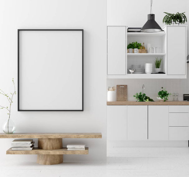 Mock up quadro de cartaz na cozinha interior fundo, estilo escandinavo, 3d render
 - Foto, Imagem