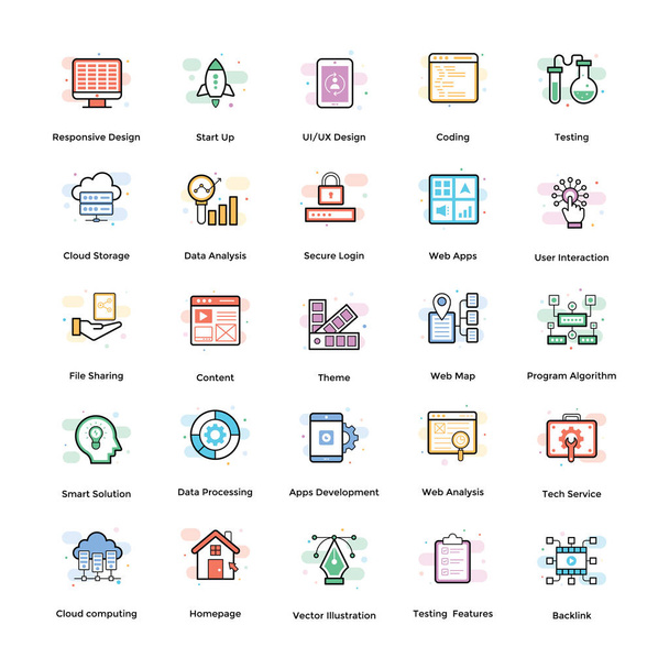 Web-Design flache Icons Pack, bestehend aus einer Vielzahl von Grafiken zu verschiedenen Bereichen. editierbare Symbole verwenden gemäß Ihren Projektanforderungen und fühlen Sie sich frei, dieses Set zu ergreifen.  - Vektor, Bild