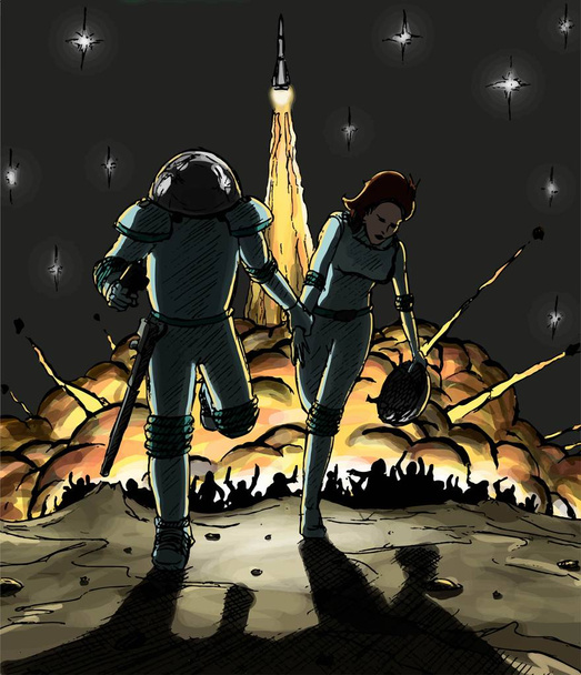 Vecteur rétro-futuriste homme et femme en costumes spatiaux fuyant l'explosion de fusée et une foule furieuse
 - Vecteur, image