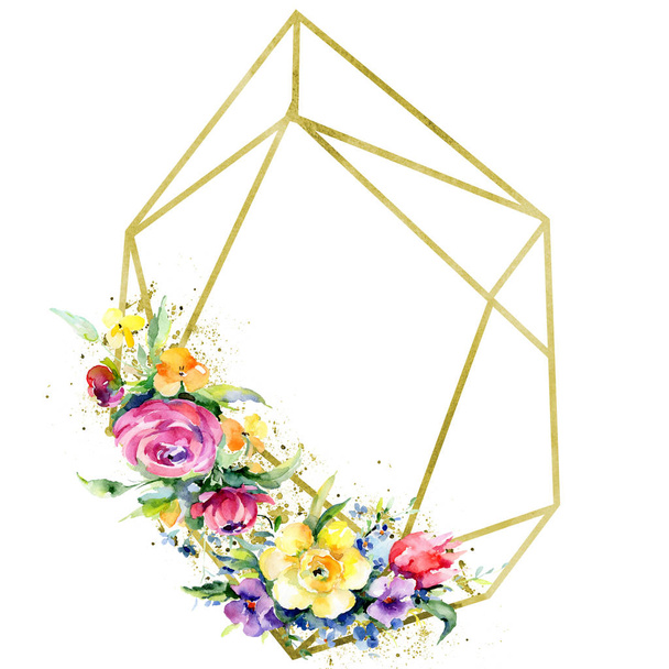 Bouquets floral botanical flowers. Watercolor background illustration set. Frame border ornament square. - Φωτογραφία, εικόνα