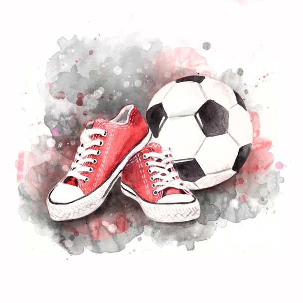 Women's sports red sneakers and soccer ball. Insulation. Watercolor illustration. - Zdjęcie, obraz
