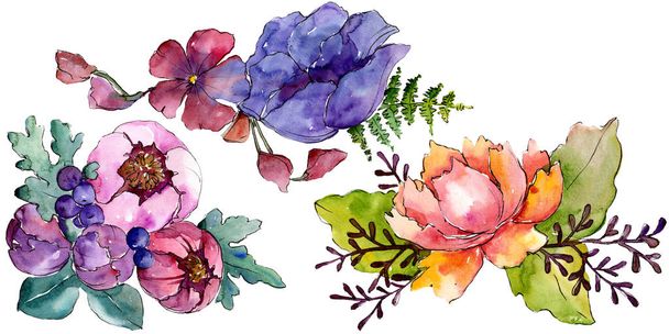 Ramo azul púrpura flores botánicas florales. Conjunto de fondo acuarela. Ramos aislados elemento de ilustración
. - Foto, imagen