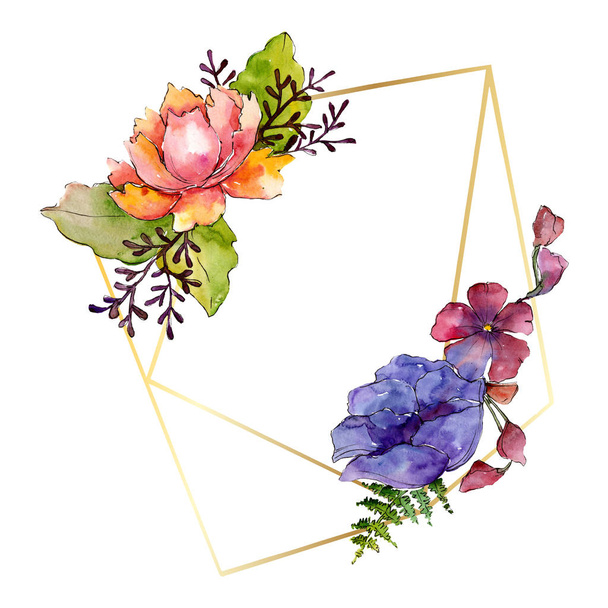 Blue purple bouquet floral botanical flowers. Watercolor background illustration set. Frame border ornament square. - 写真・画像