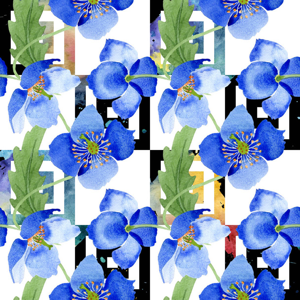 Niebieski MAK kwiatowy kwiaty botanicznych. Akwarela, ilustracja zestaw. Bezszwowe tło wzór. - Zdjęcie, obraz