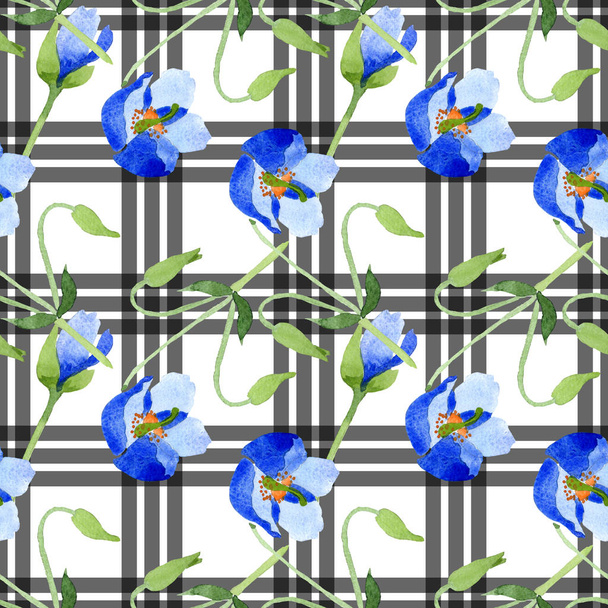 Blue poppy floral botanical flowers. Watercolor illustration set. Seamless background pattern. - Fotó, kép