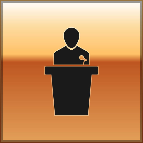 Icono de altavoz negro aislado sobre fondo dorado. Orador hablando desde tribuna. Discurso público. Persona en el podio. Ilustración vectorial
 - Vector, Imagen