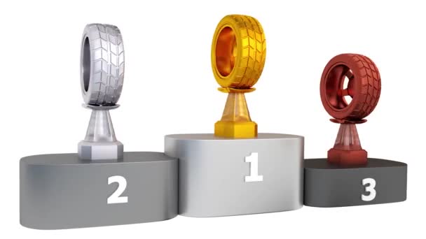 View of Sport Car Wheel Gold Silver and Bronze Trophies in Infinite Rotation on a podium with white background - Footage, Video