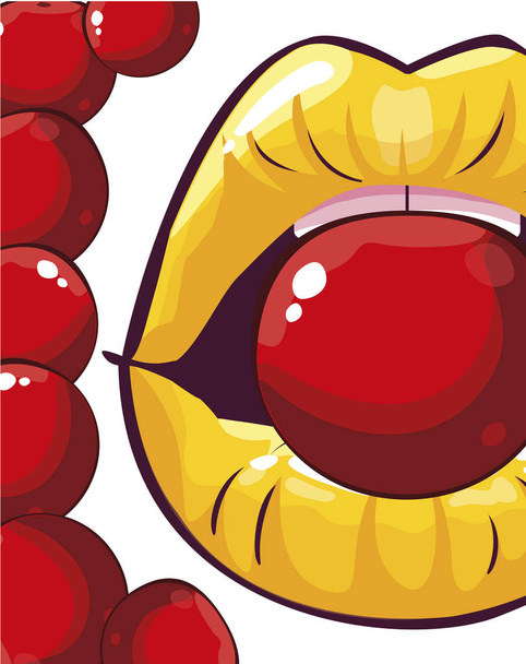 sexy female lips with cherries fruit pop art style - Vector, Image