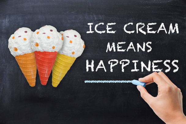 アイスクリームは、3つのカラフルで食欲をそそるアイスクリームコーンの近くに黒板上の幸福のテキストを意味します - 写真・画像
