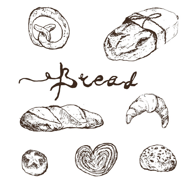 Ekmek, fırın ürün vektör çizim seti. Taze ekmek, baget, kruvasan, cupcake, tost, burger ve tatlı çörek, kraker ve challah. Doğal organik ekmek, fırın dükkanı tasarımı - Vektör, Görsel