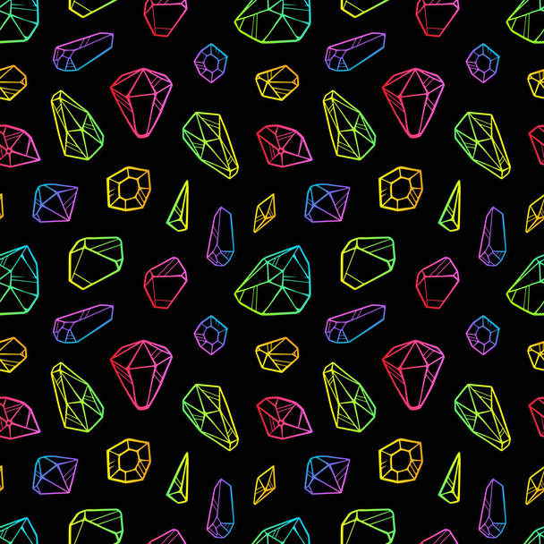 Vector line color neon crystals seamless pattern isolated on black background - Vector, Image