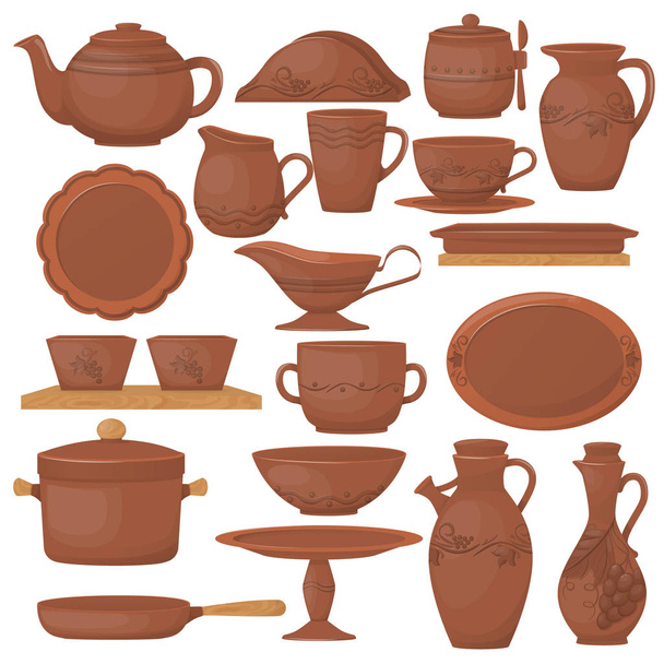 Set of ceramic pottery. Beautiful clay dishes with decorative ornament. - Vector, Imagen