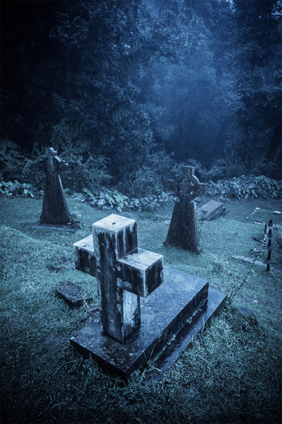 Spooky Halloween graveyard in fog - Photo, Image