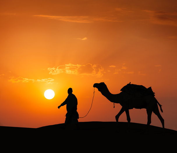 Cameleer (Kameltreiber) mit Kamelen in den Dünen der Wüste. raj - Foto, Bild