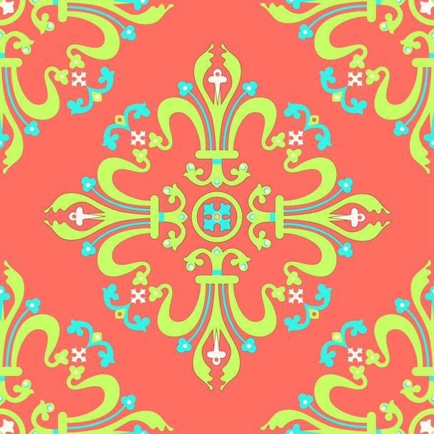 Vintage baroque ornament, damask floral seamless pattern, vector illustration. Green blue oriental tracery on coral background, retro antique rococo romantic decoration for fabric design, wallpaper - Fotoğraf, Görsel