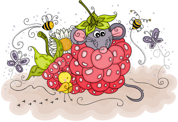 Spring illustration with little mouse inside a raspberry - Vector, Image